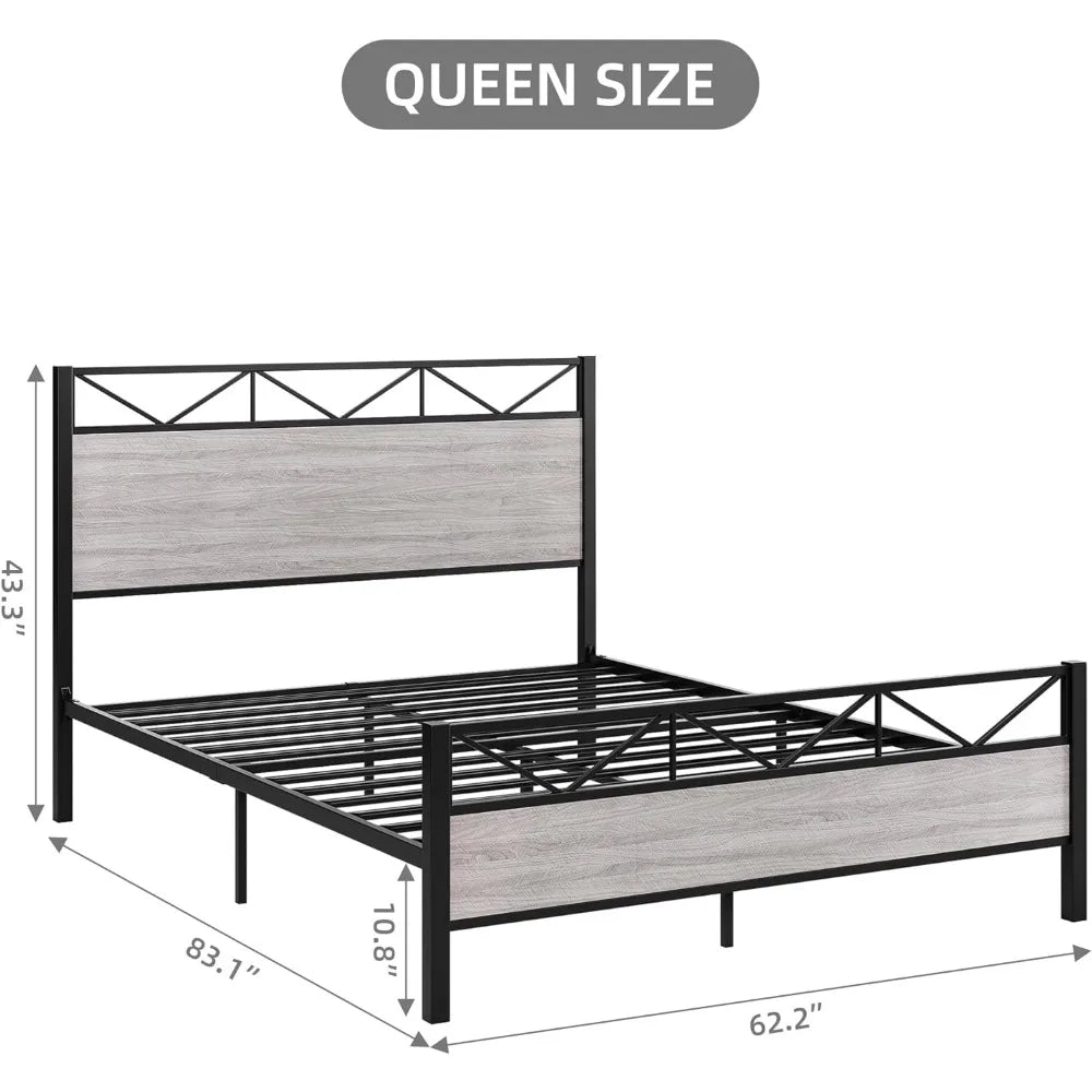 Industrial Bed Frame with Headboard and Under-Bed Storage - Sturdy Metal Slats, Noise-Free Assembly