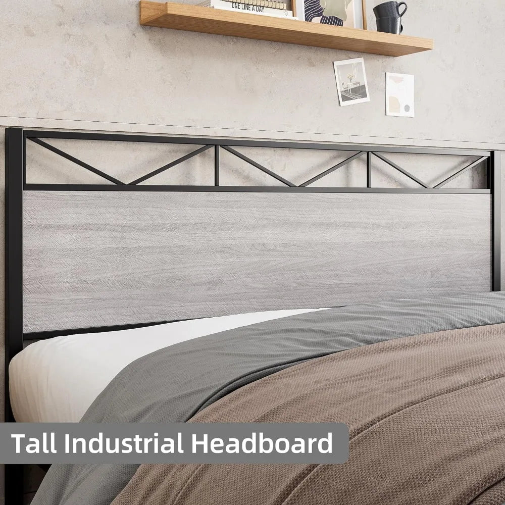 Industrial Bed Frame with Headboard - 14 Metal Slats, Under-Bed Storage, Silent Assembly