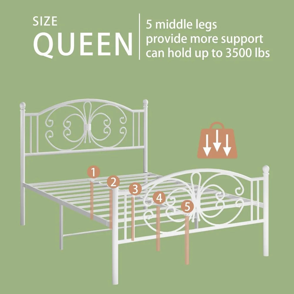 Metal Butterfly Design Bed Frame with Headboard - Easy Assembly, No Box Spring Needed