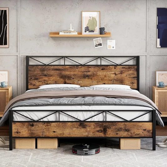 Rustic Wood Bed Frame with Steel Slat Support - Noise-Free, No Box Spring Needed - Easy Assembly | Shop Name