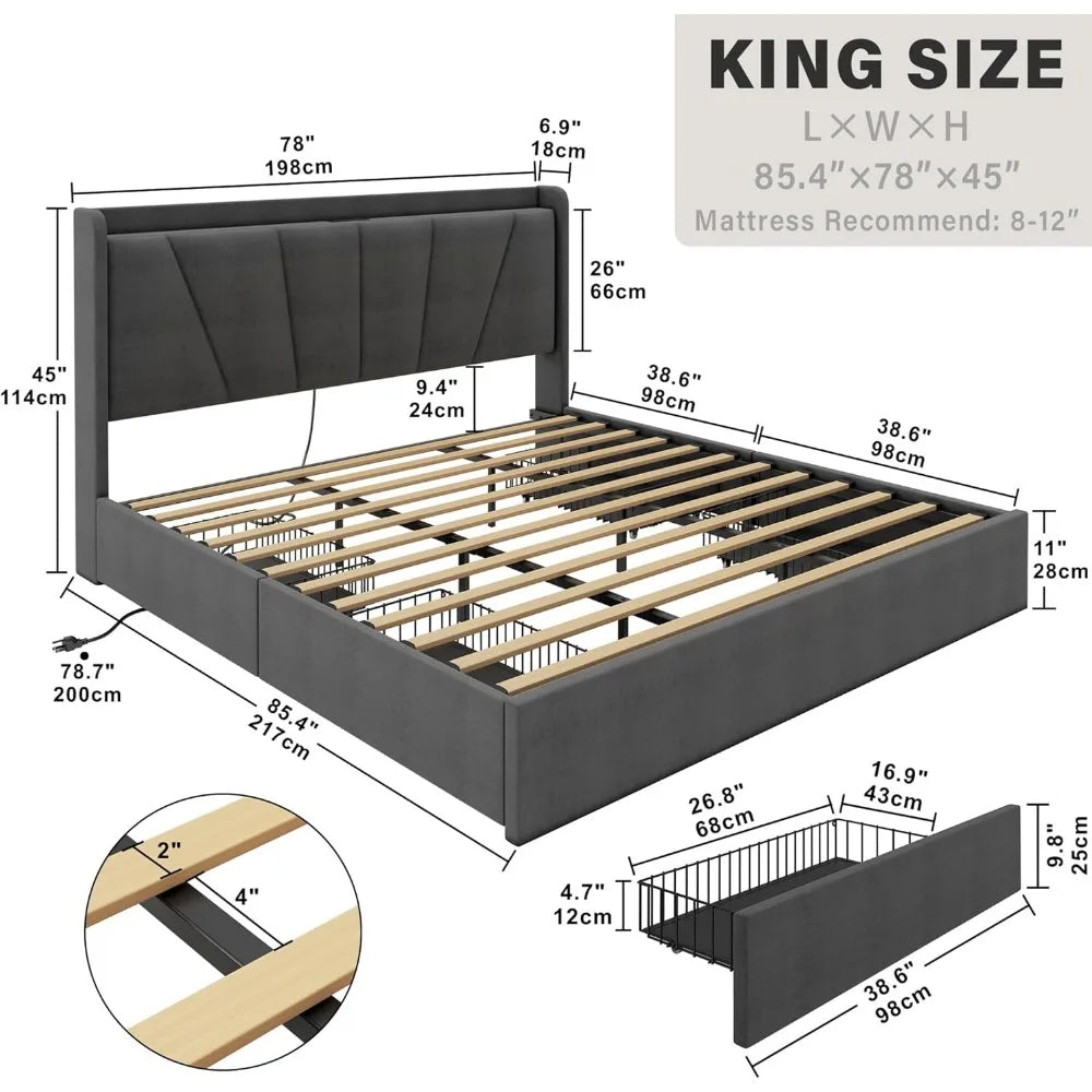 King Bed Frame with Upholstered Headboard, Storage Drawers & Outlets - Sturdy, Noiseless Design - No Box Spring Required