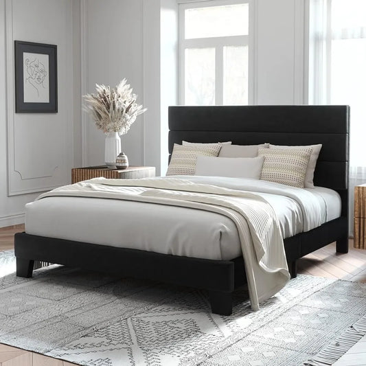 Velvet Upholstered Platform Bed Frame- Wooden Slats Support, No Box Spring Needed