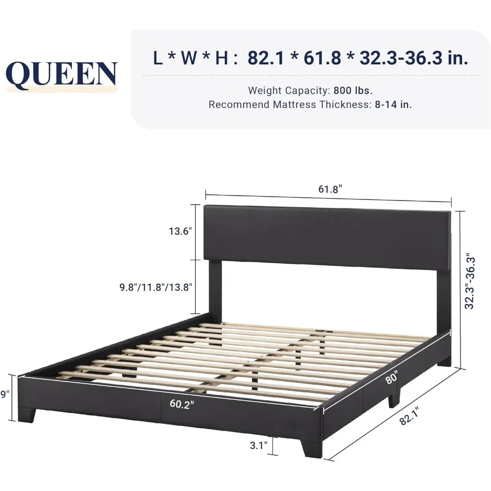 Adjustable Queen Bed Frame with Faux Leather Platform - Heavy Duty Mattress Foundation