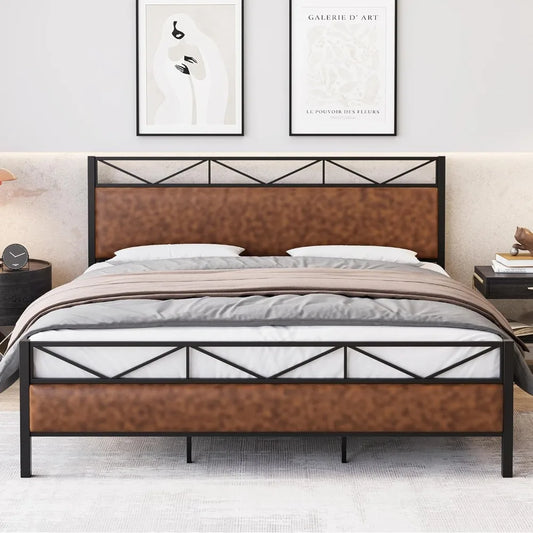 Vintage Queen Bed Frame with Storage - Sturdy Metal Platform Bed with PU Leather Headboard